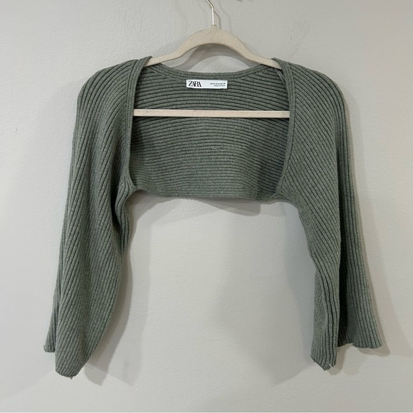 Zara Sage Green Cropped Knit Open Front Sweater Cardigan Women’s Size Medium - Picture 1 of 5